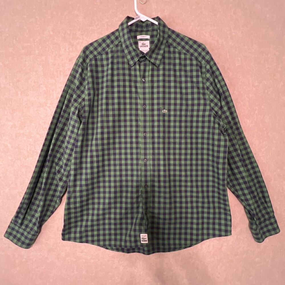 Lacoste Mens 44 Large Modern Fit Green & Navy Gingham Plaid Button Up L/S Shirt